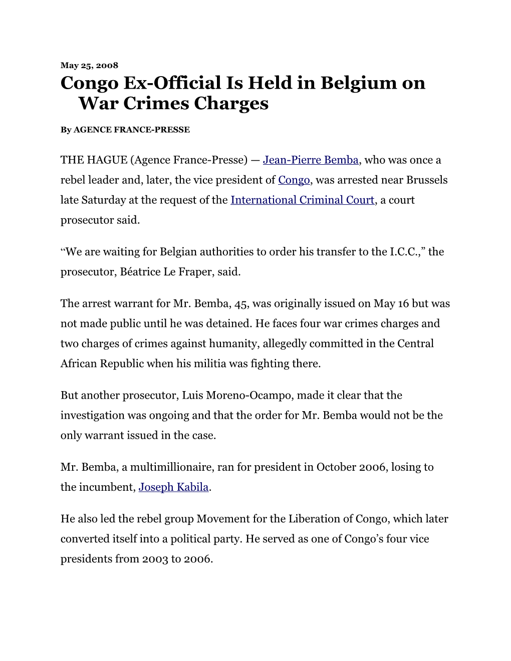 Congo Ex-Official Is Held in Belgium on War Crimes Charges
