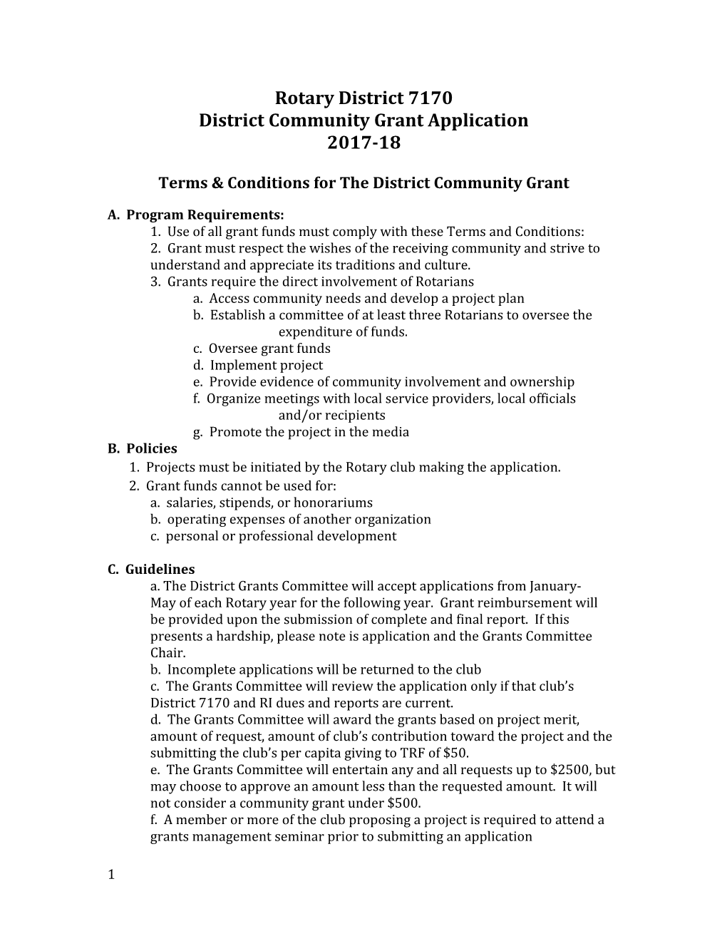 Terms & Conditions for the District Community Grant
