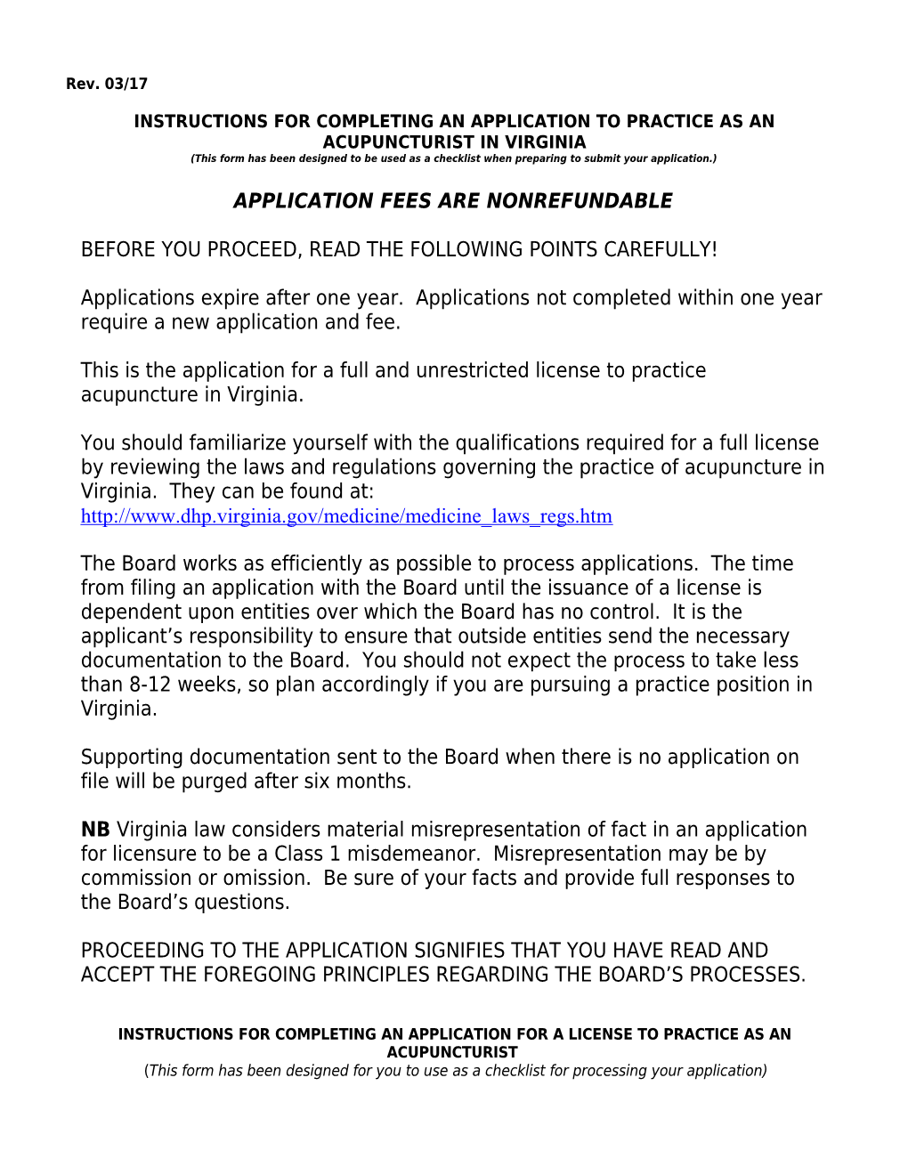 Instructions and Application for Licensed Acupuncturist, American Graduates