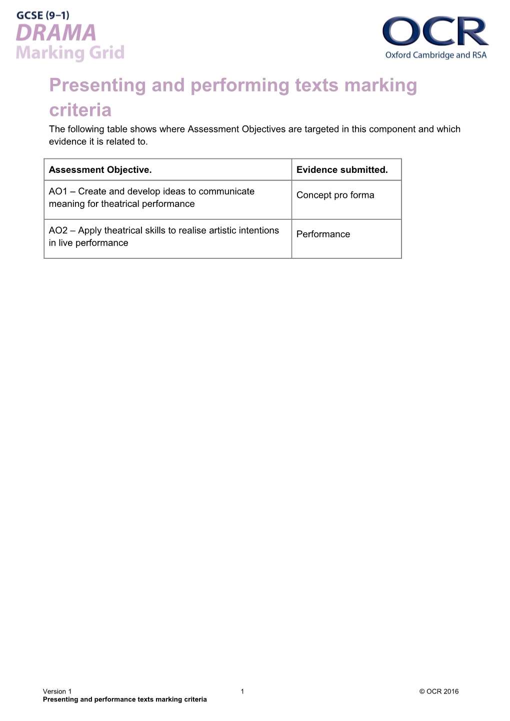 GCSE (9-1) Drama Teacher Marking Grid - Presenting and Performing Texts