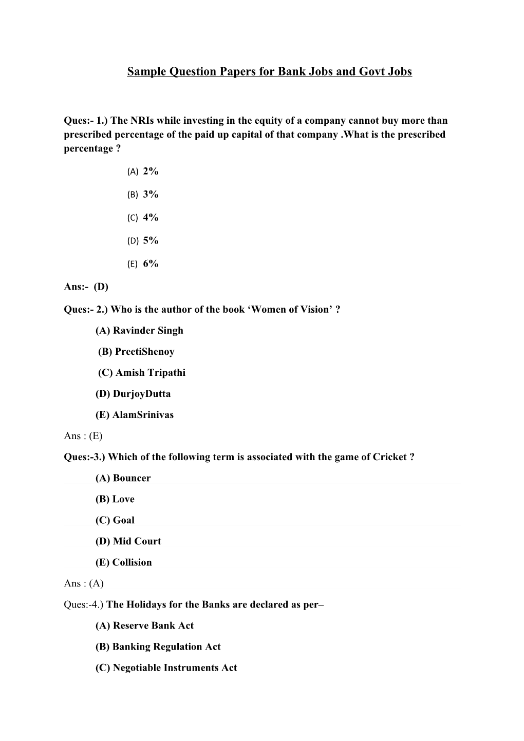 Sample Question Papers for Bank Jobs and Govt Jobs