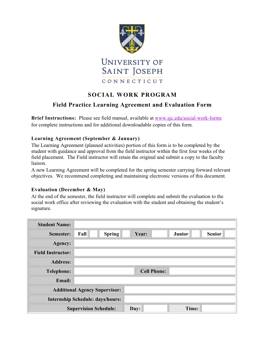 Field Practice Learning Agreement and Evaluation Form