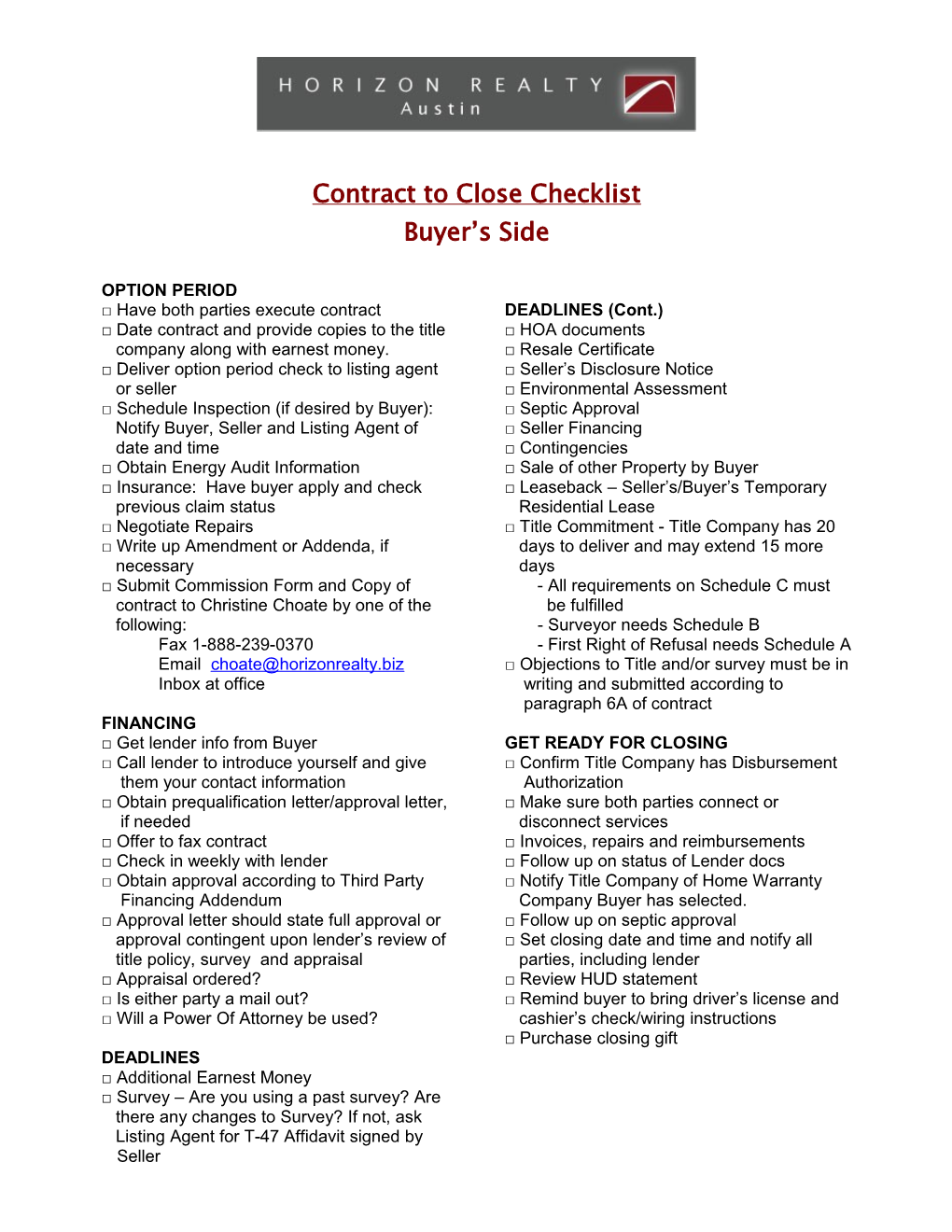 Contract to Close Checklist