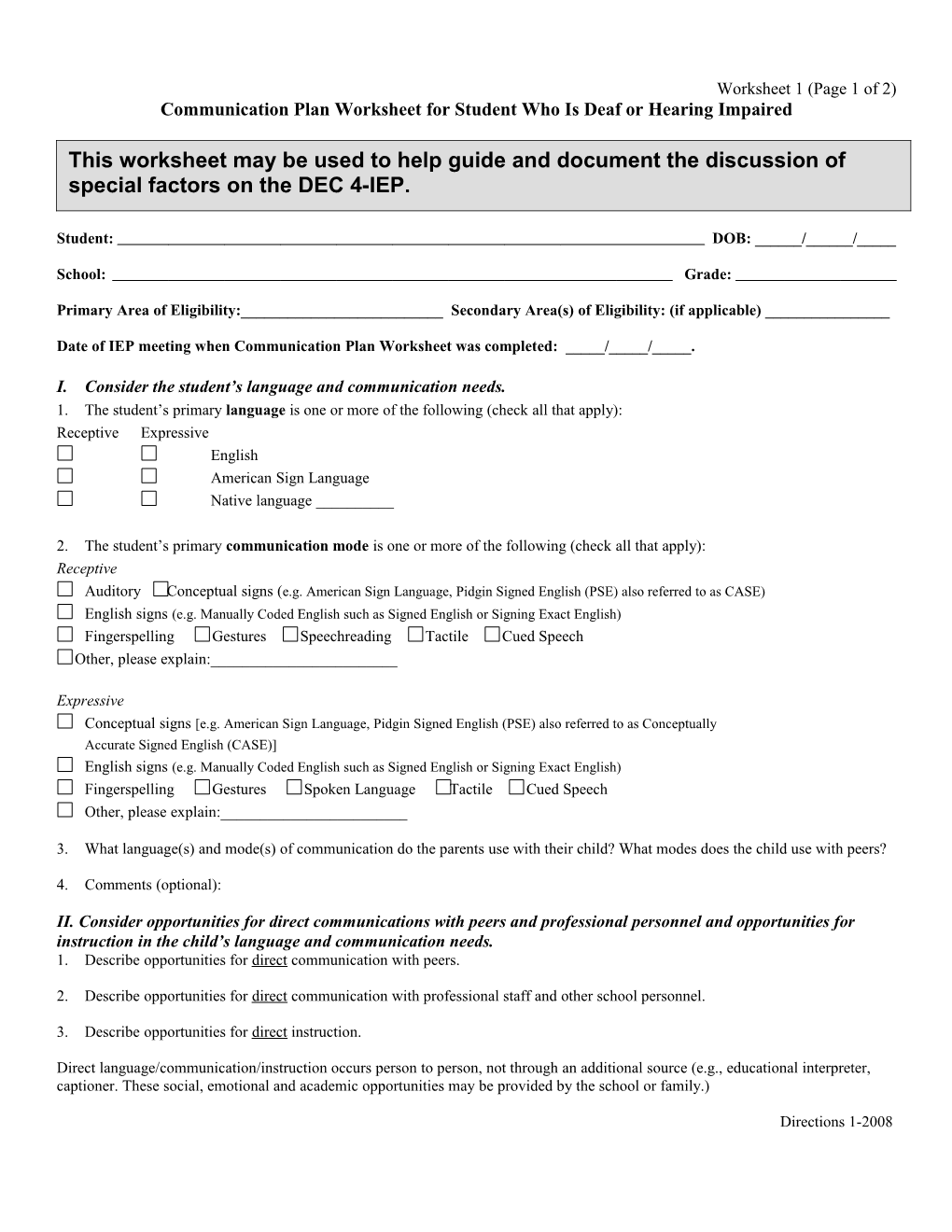 Communication Plan Worksheet for Student Who Is Deaf Or Hearing Impaired