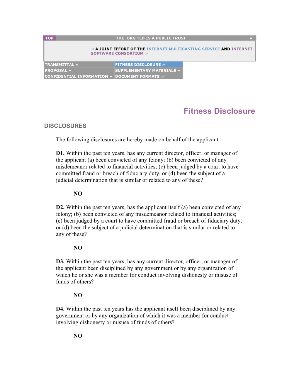 IMS/ISC: Fitness Disclosure (For .Org Application)