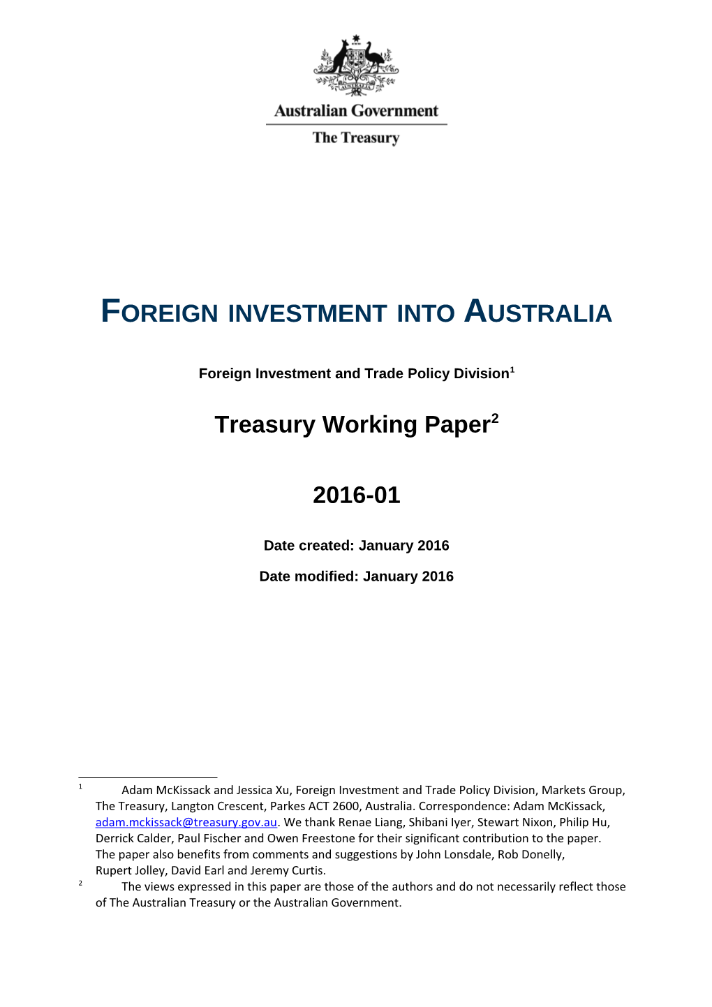 Treasury Working Paper 2016-01 - Foreign Investment Into Australia