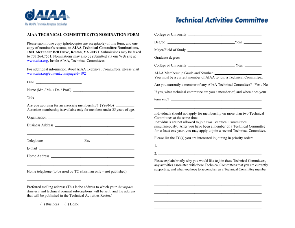 Aiaa Technical Committee (Tc) Nominee Form