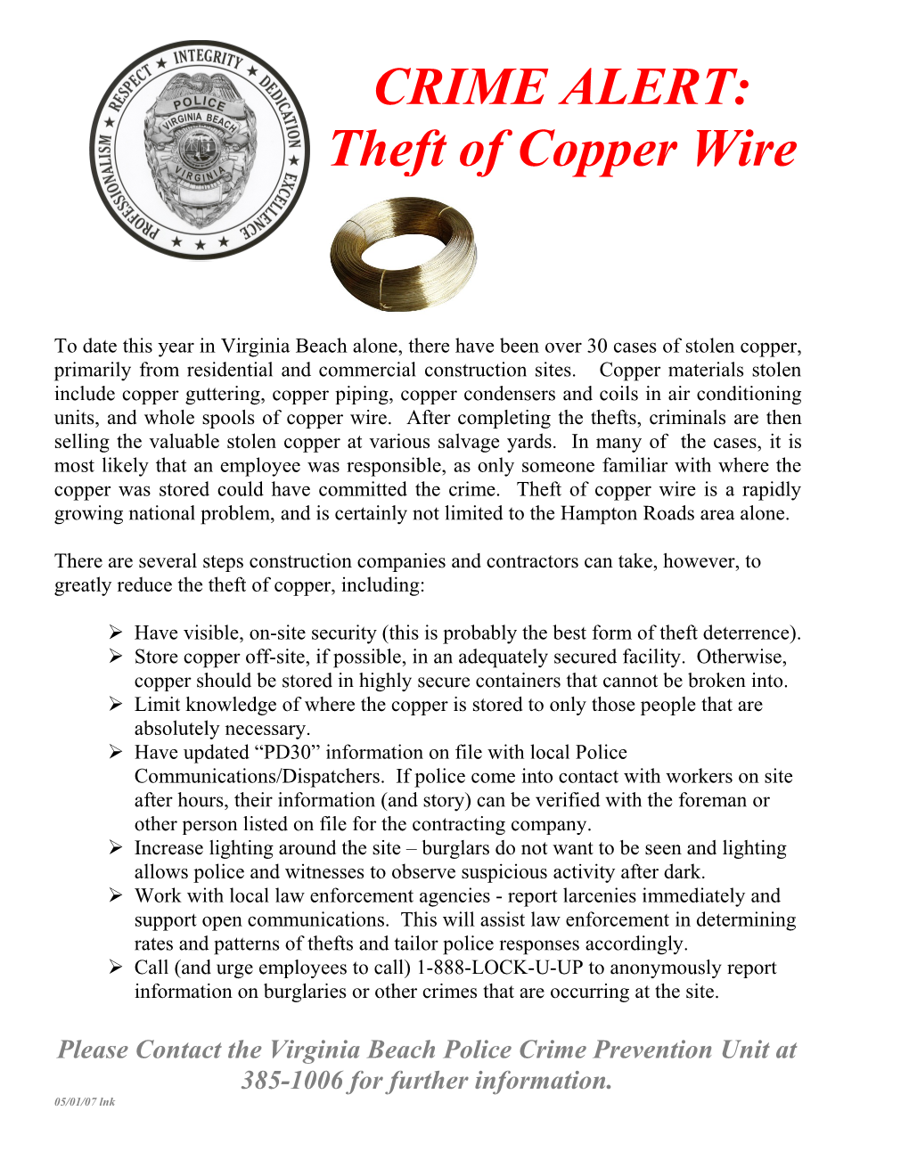 Theft of Copper Wire
