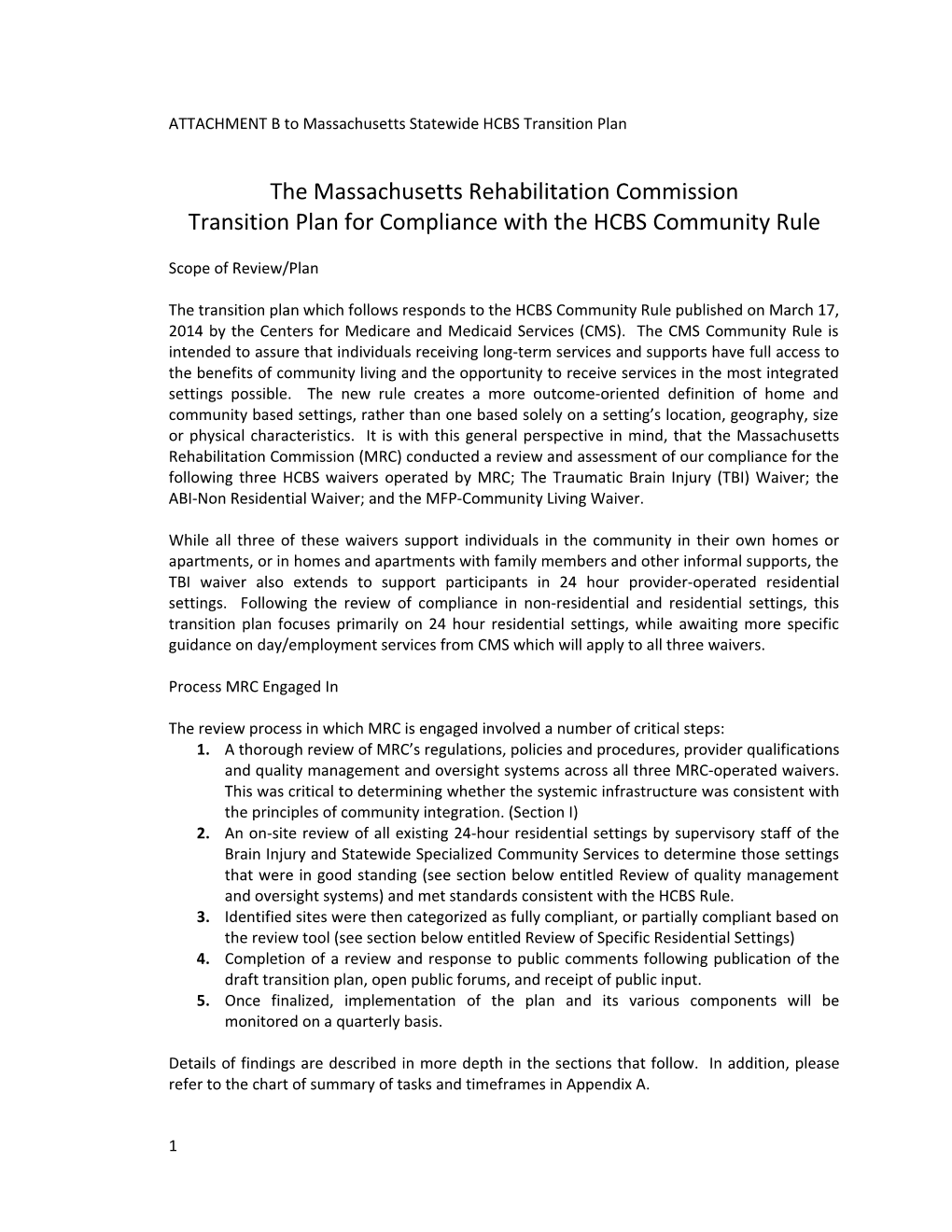 ATTACHMENT B to Massachusetts Statewide HCBS Transition Plan