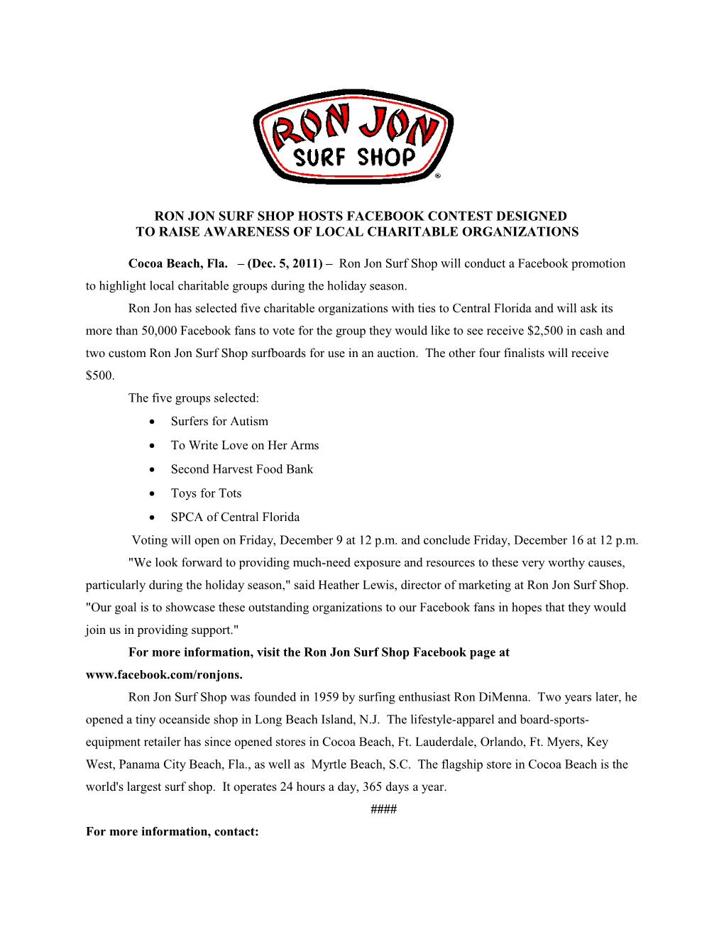 Ron Jon Surf Shop Hosts Facebook Contest Designed