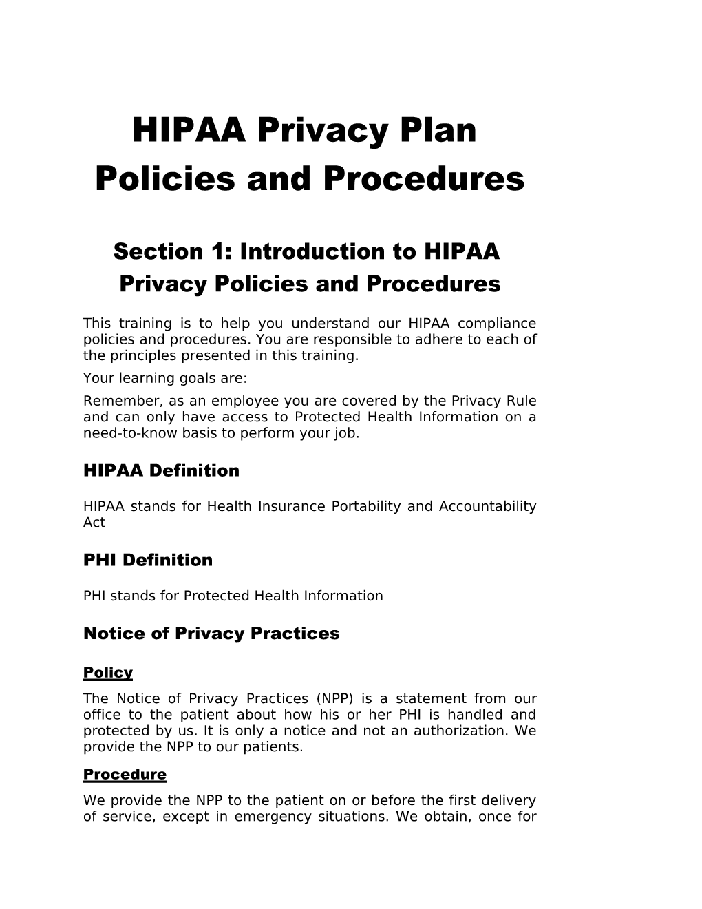 HIPAA Privacy Plan Policies and Procedures