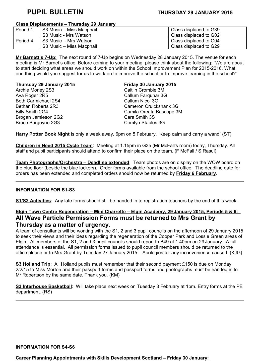 Pupil Bulletin Thursday 29 January 2015