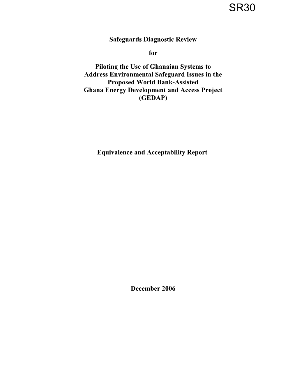 Assessment of Equivalence Summary Matrix Environmental Assessment
