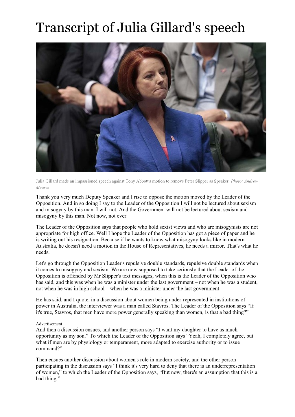 Transcript of Julia Gillard's Speech