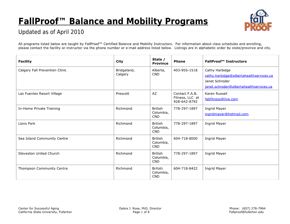 All Fallproof Balance and Mobility Programs Listed Below Are Taught by Certified Balance