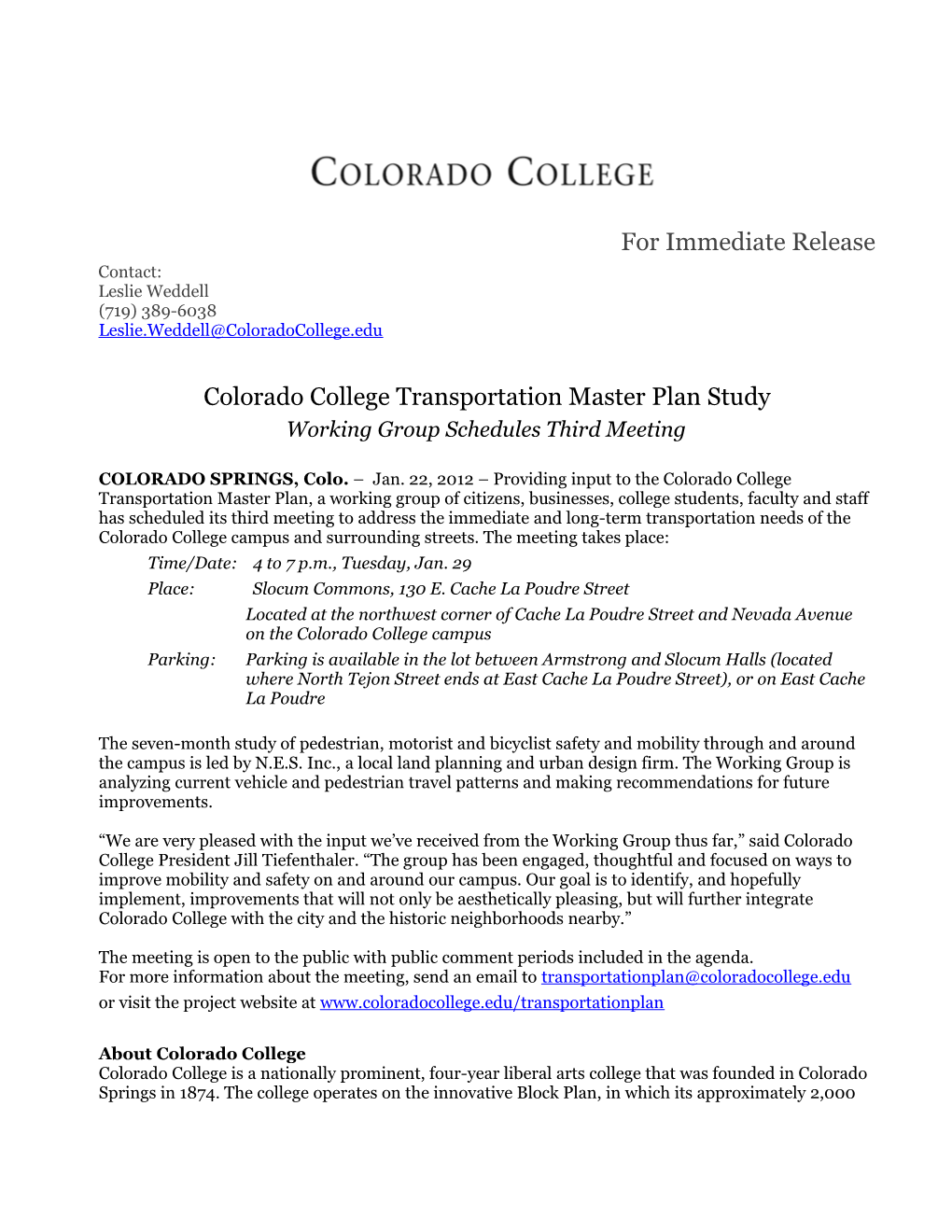 Colorado College Transportation Master Plan Study
