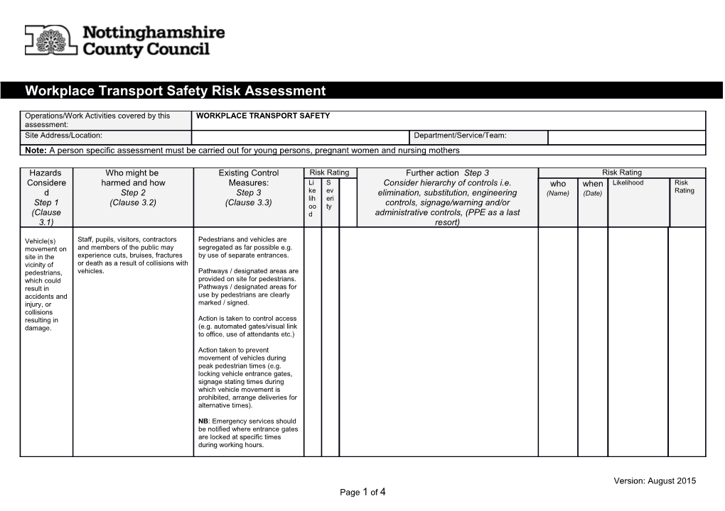 Workplace Transport Safety Risk Assessment