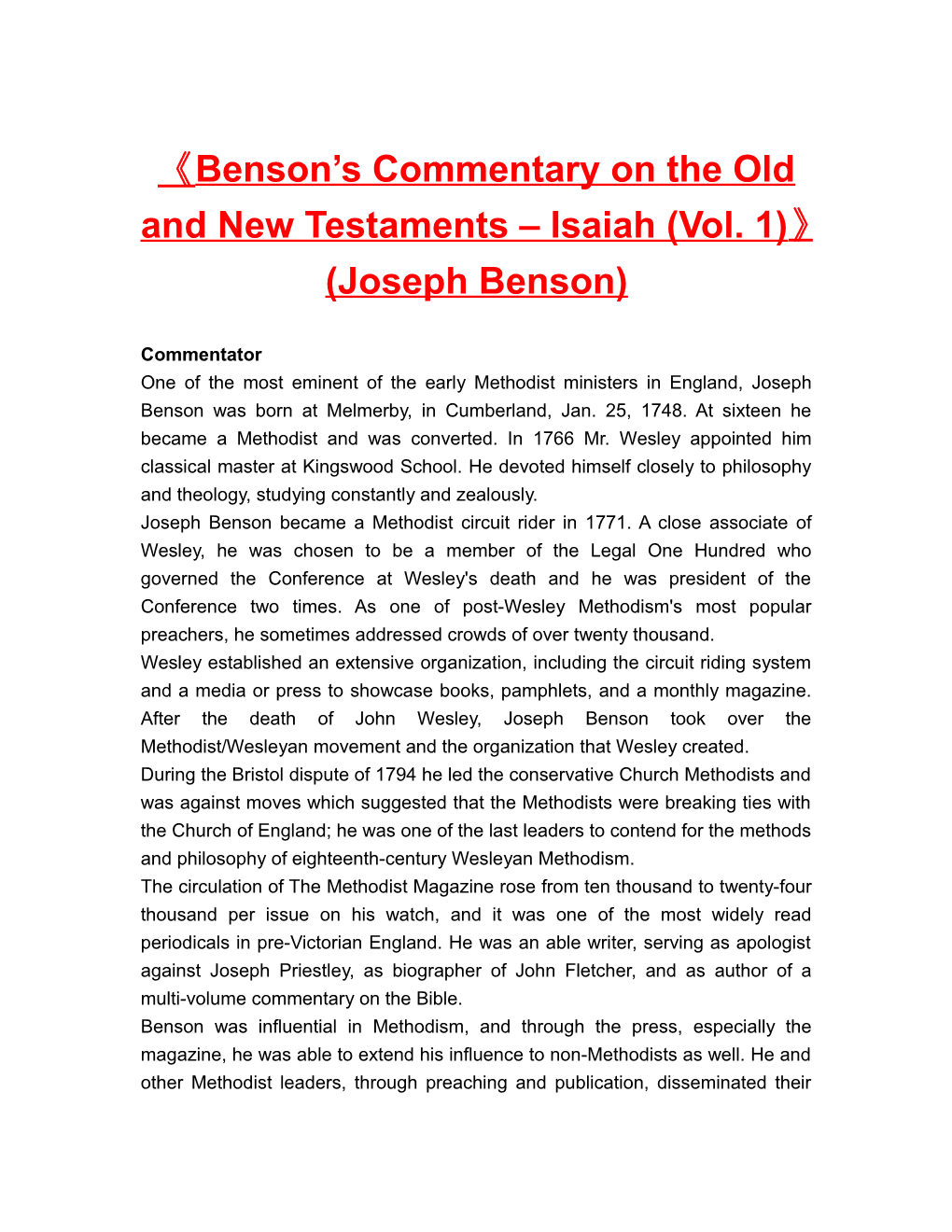 Benson S Commentary on the Old and New Testaments Isaiah (Vol. 1) (Joseph Benson)