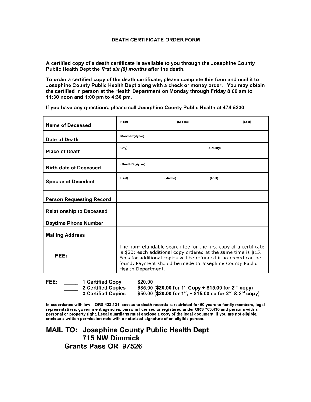 Birth Certificate Order Form