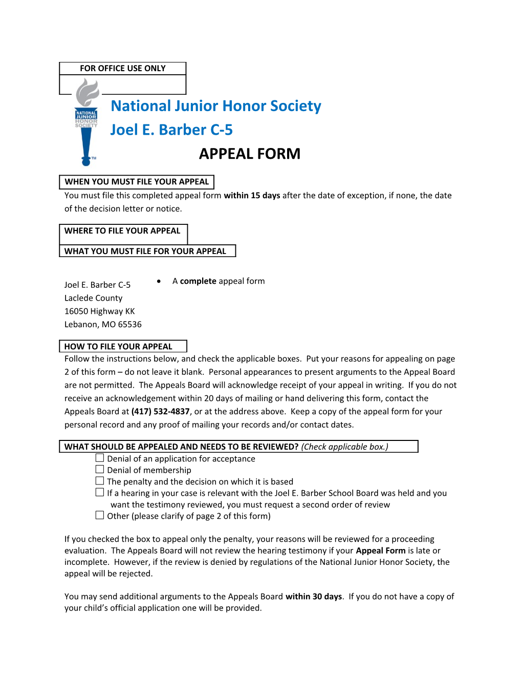 National Junior Honor Society Joel E. Barber C-5 APPEAL FORM