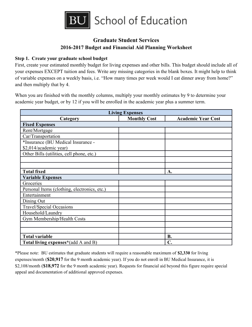 Graduate Student Services 2016-2017 Budget and Financial Aid Planning Worksheet