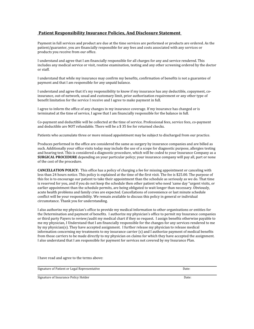 Patient Responsibility Insurance Policies, and Disclosure Statement