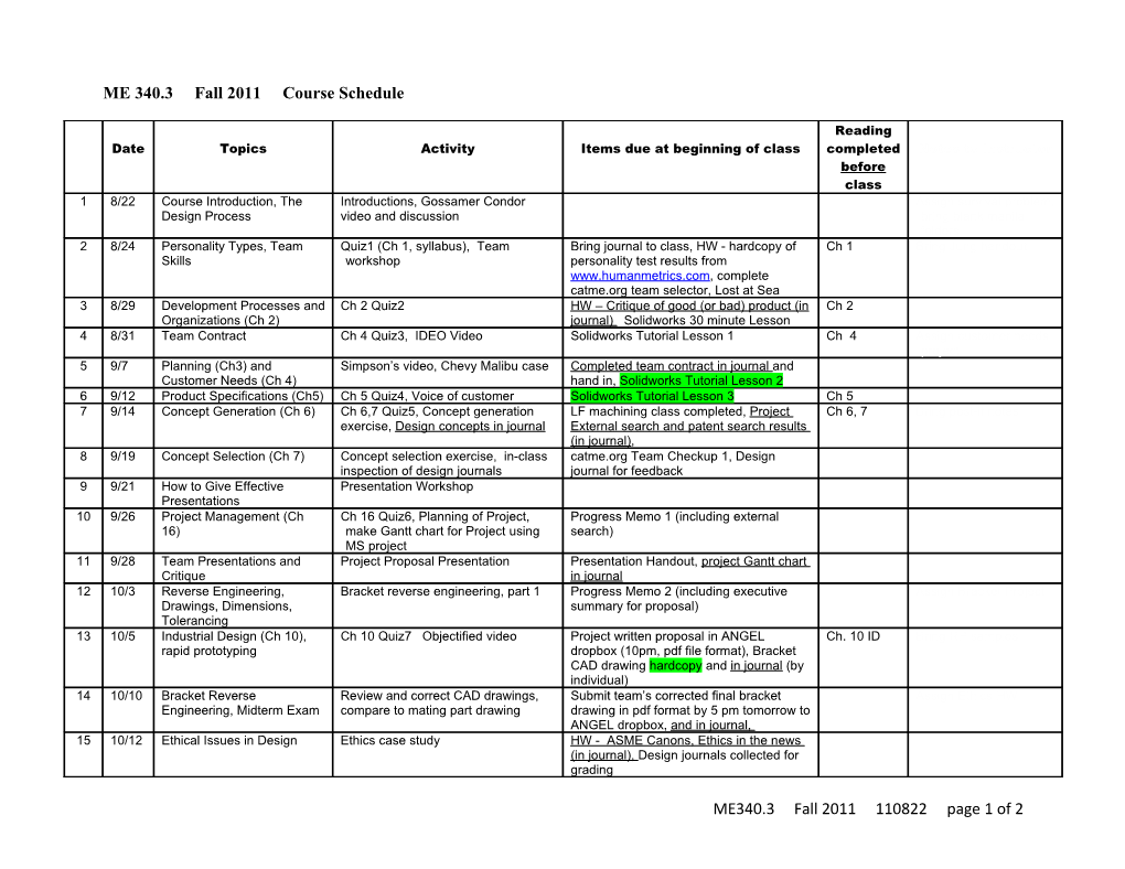 ME 340.3 Fall 2011 Course Schedule