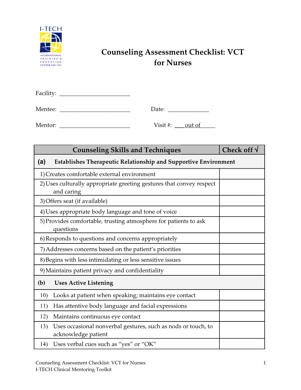 Counseling Assessment Checklist - Adherence