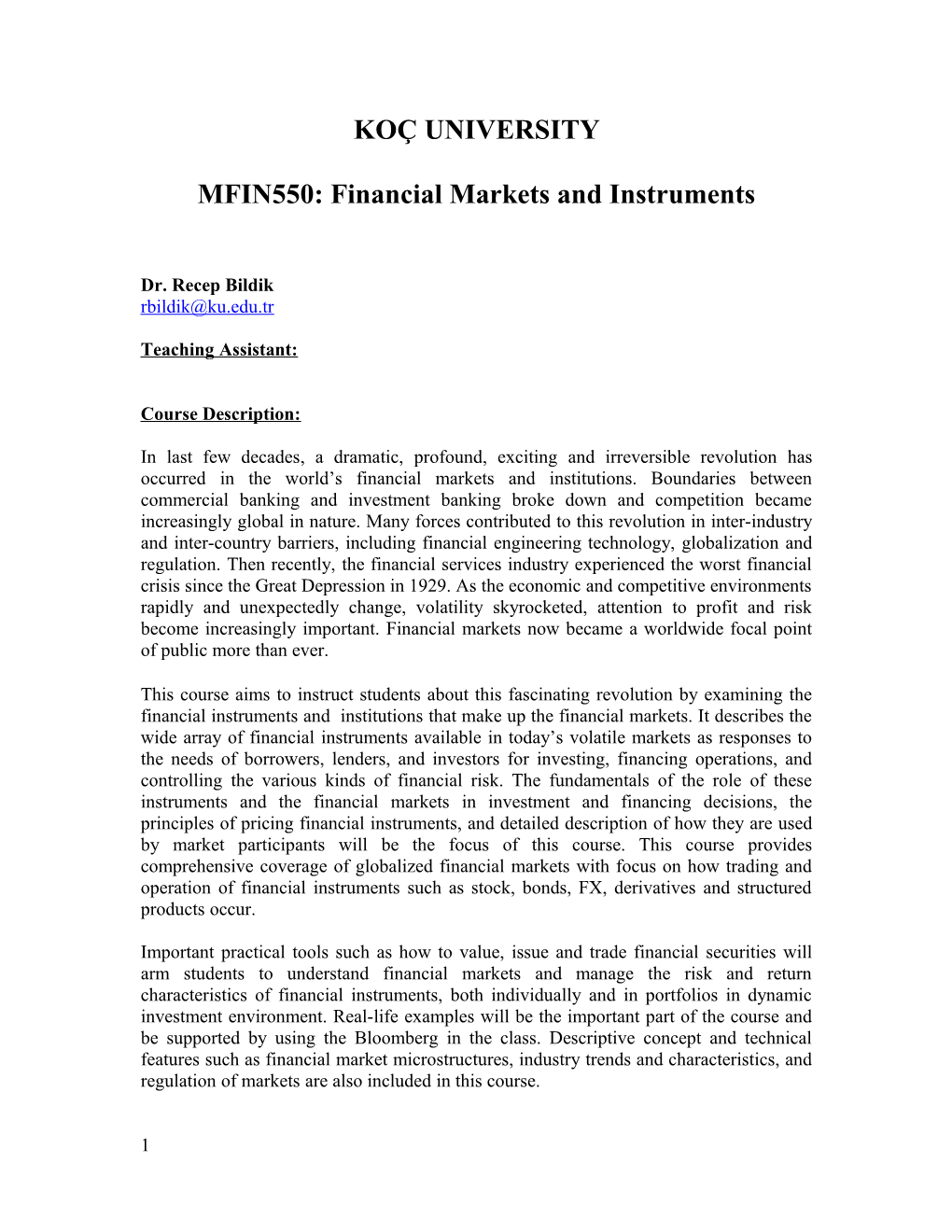 MFIN550: Financial Markets and Instruments