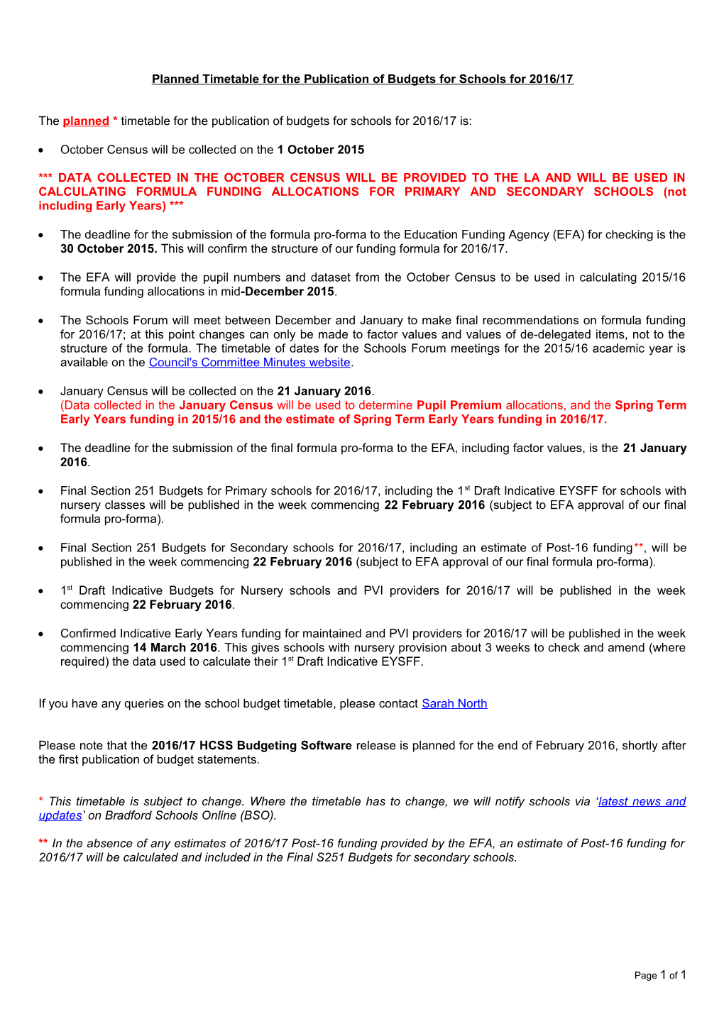 Timetable for the Publication of Budgets for Schools for 2010/11