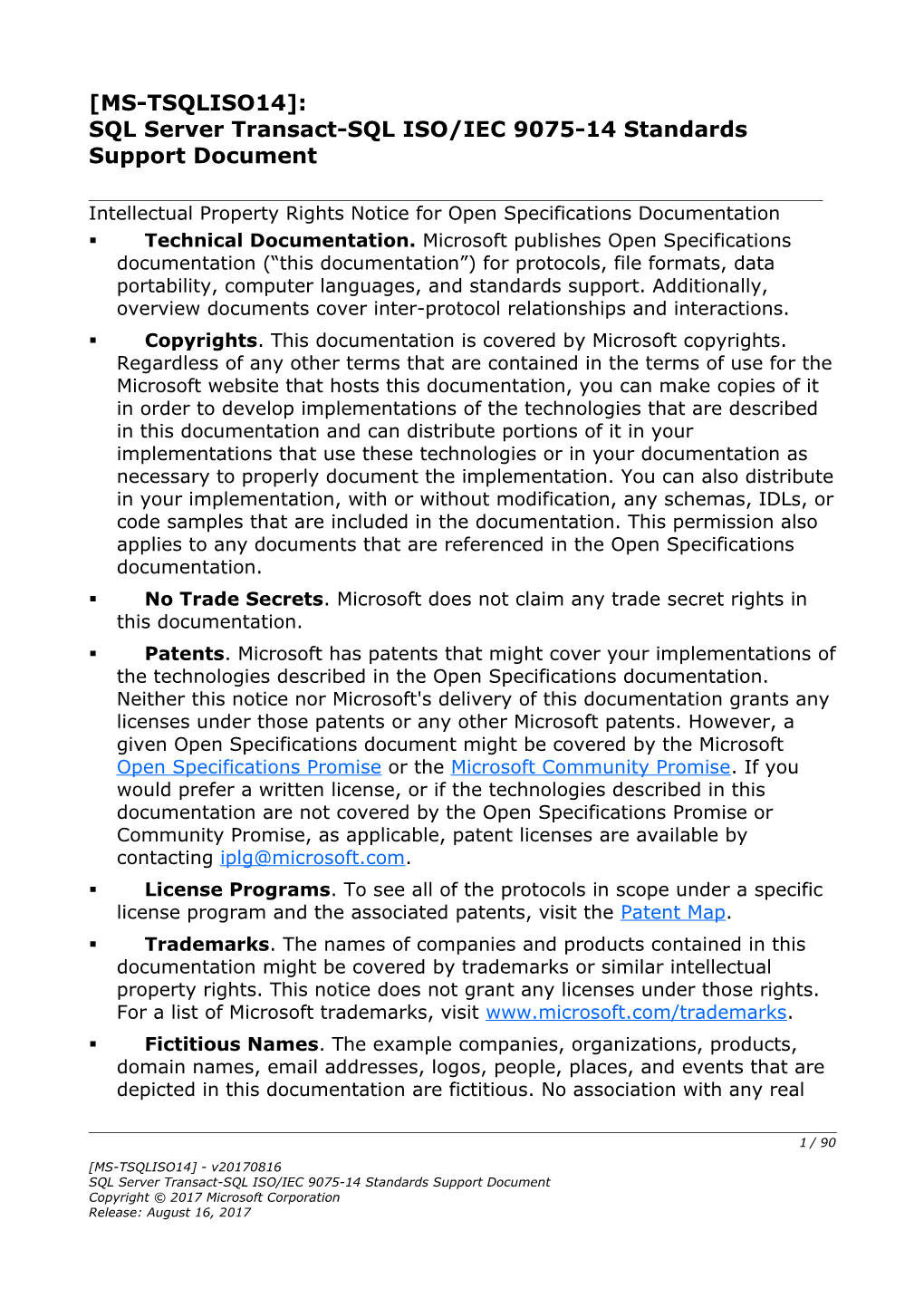 SQL Server Transact-SQL ISO/IEC 9075-14 Standards Support Document