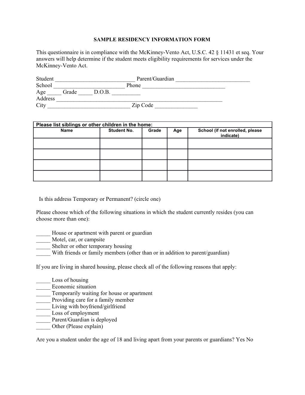 Sample Residency Information Form