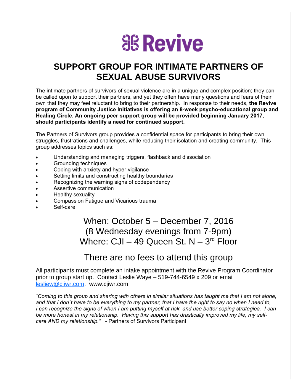 Support Group for Intimate Partners of Sexual Abuse Survivors