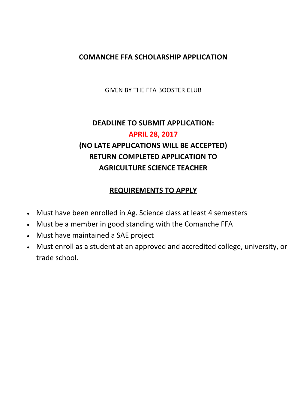 Comanche Ffa Scholarship Application