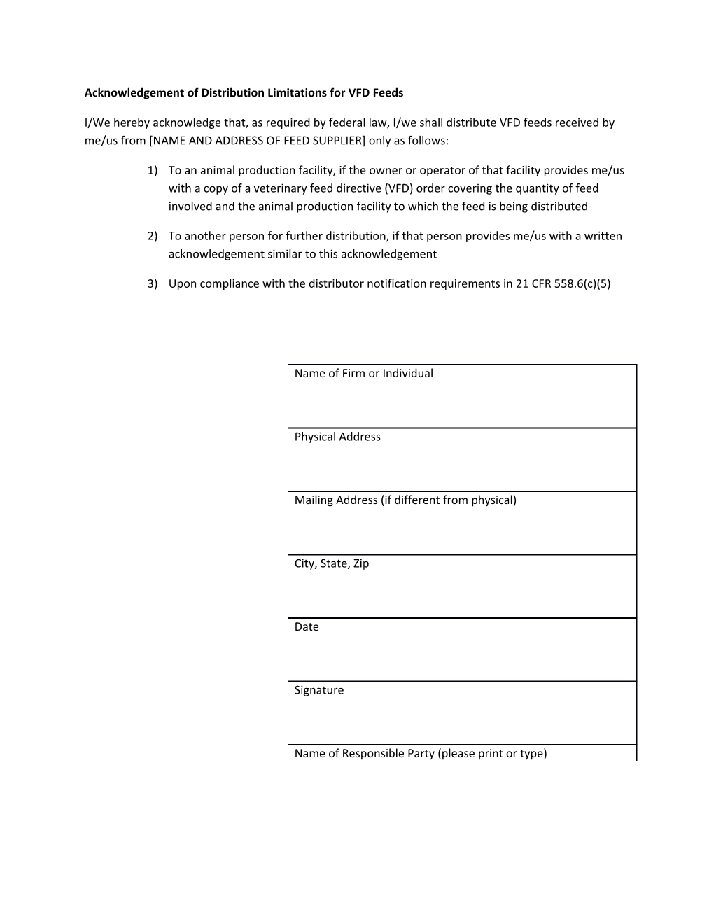 Acknowledgement of Distribution Limitations for VFD Feeds