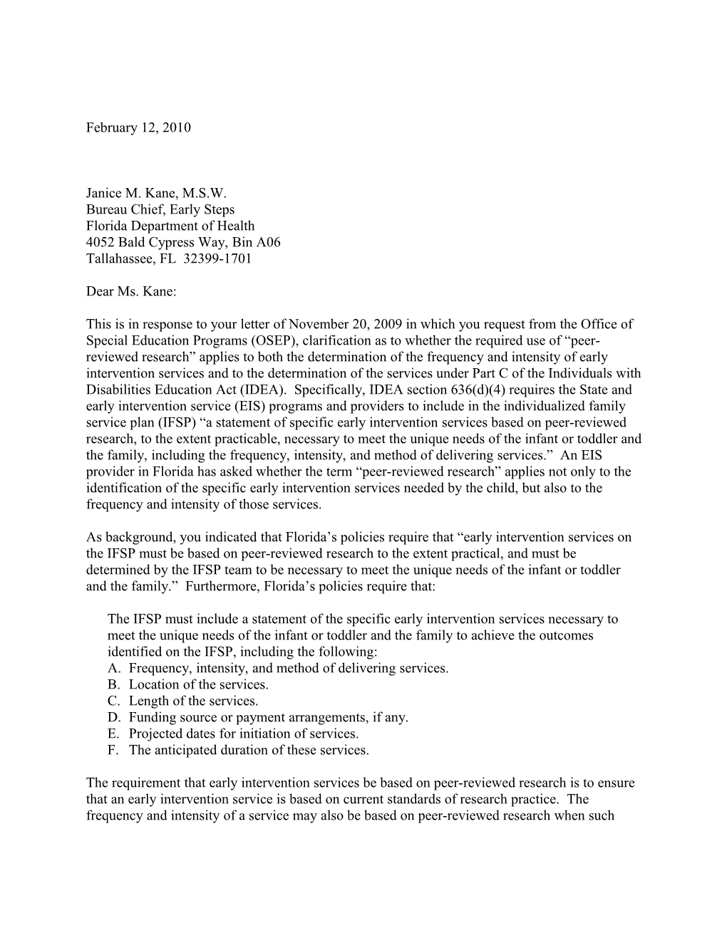 Kane Letter Dated 02/12/10 Re: Individualized Family Service Plan (MS Word)