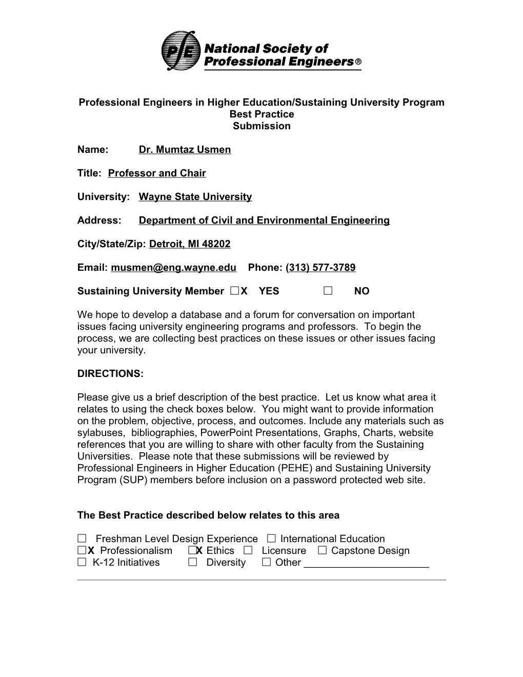 Professional Engineers in Higher Education/Sustaining University Program s1