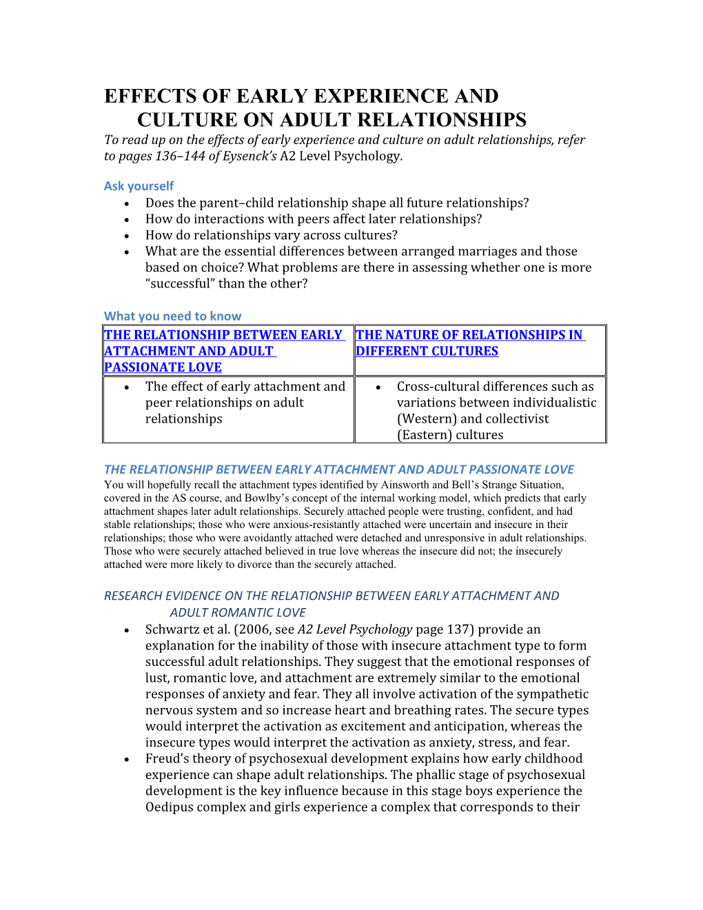 Effects of Early Experience and Culture on Adult Relationships