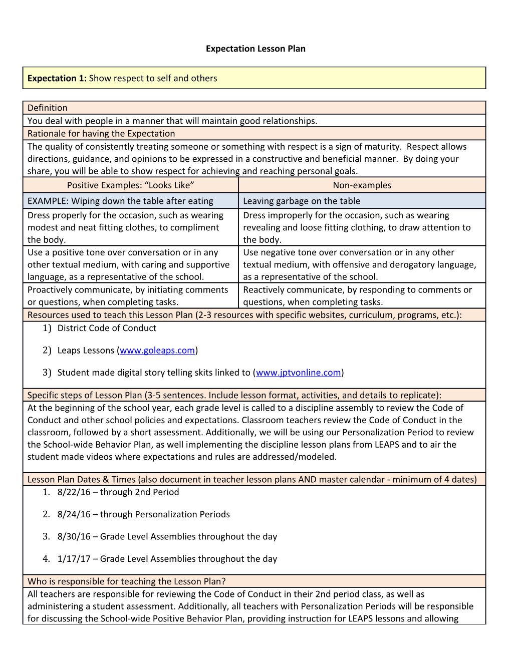 Expectation Lesson Plan