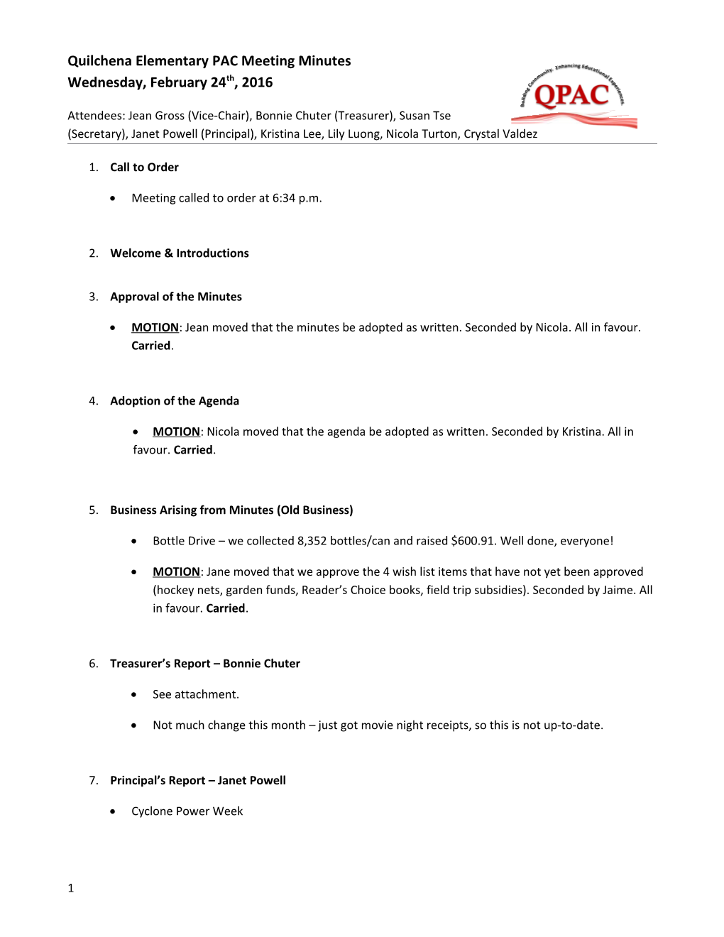 Quilchena Elementary PAC Meeting Minutes