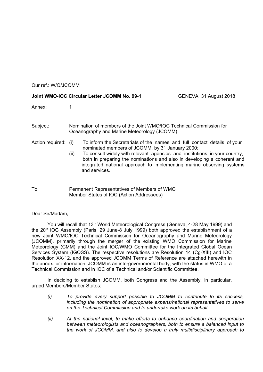 Joint WMO-IOC Circular Letter JCOMM No. 99-1 GENEVA, 22 October 1999
