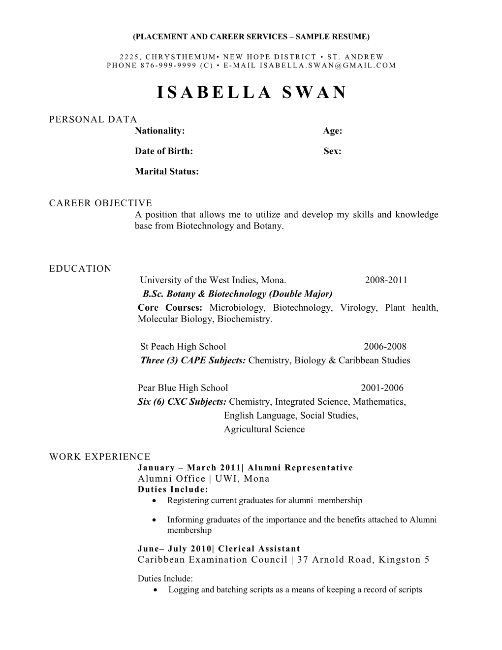 Placement and Career Services Sample Resume