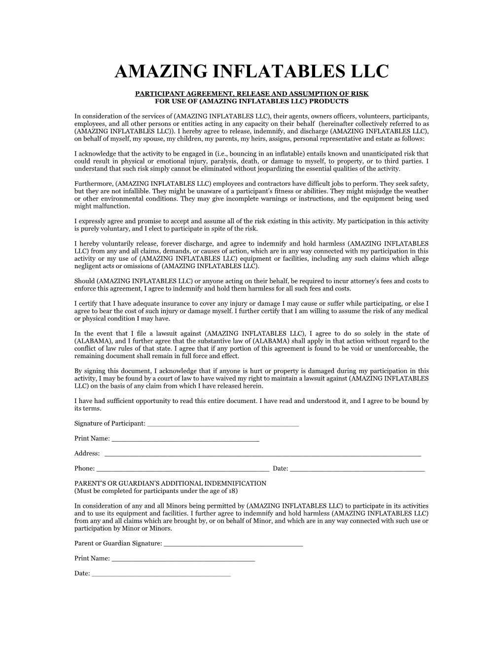 Participant Agreement, Release and Assumption of Risk