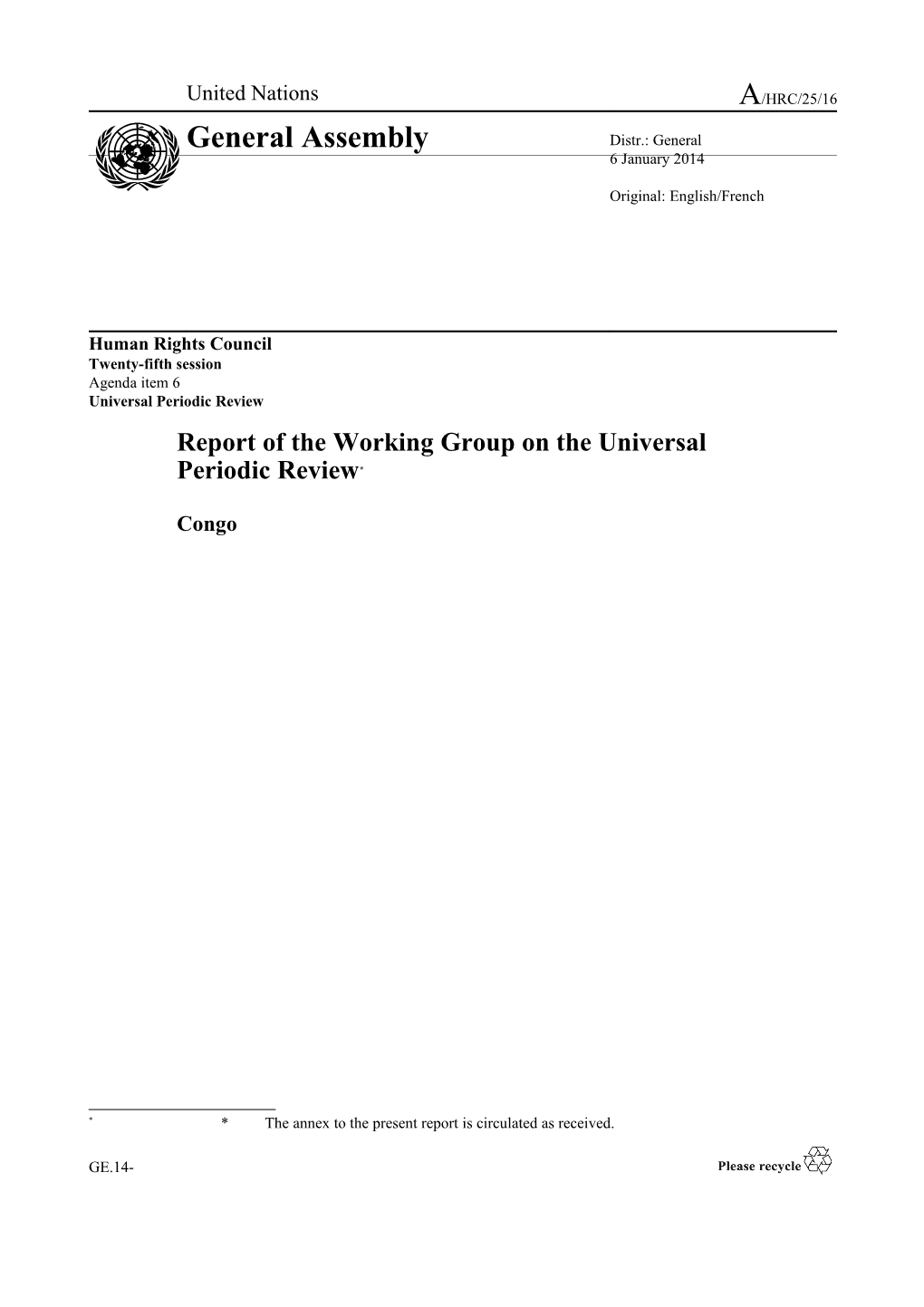 Report of the Working Group on the Universal Periodic Review - Congo in English