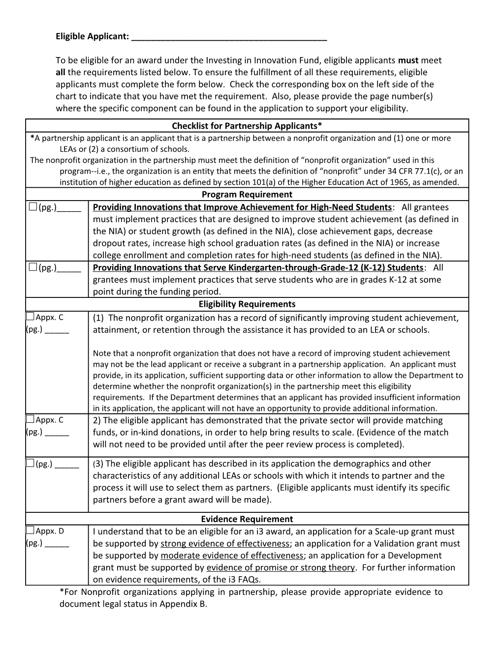 I3 Partnership Eligibility Checklist (MS WORD)