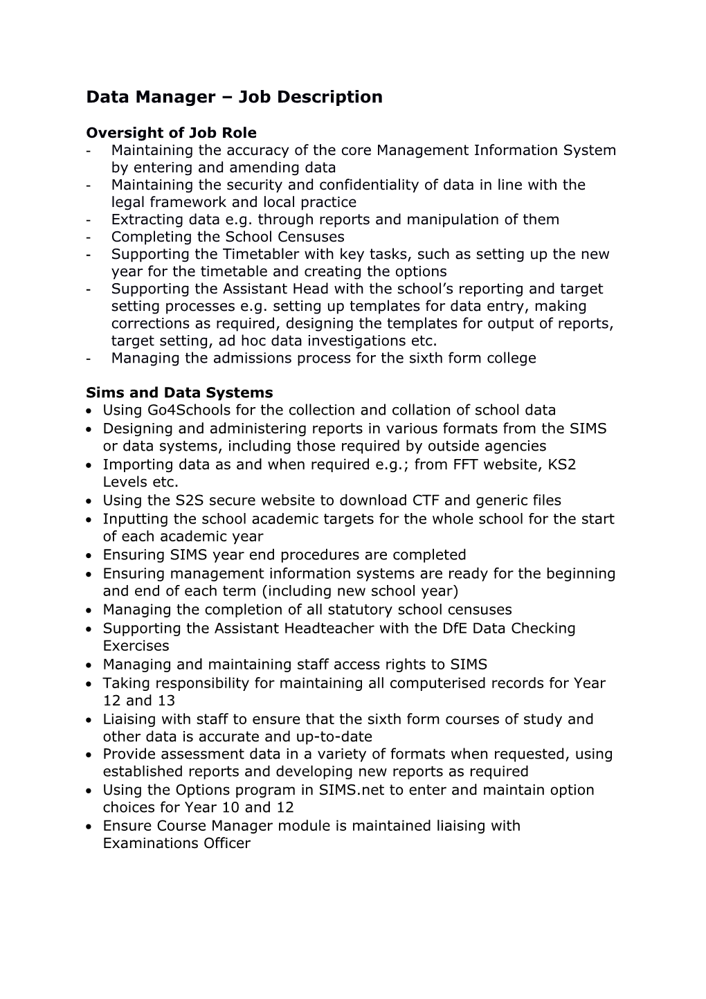 Data Manager Job Description