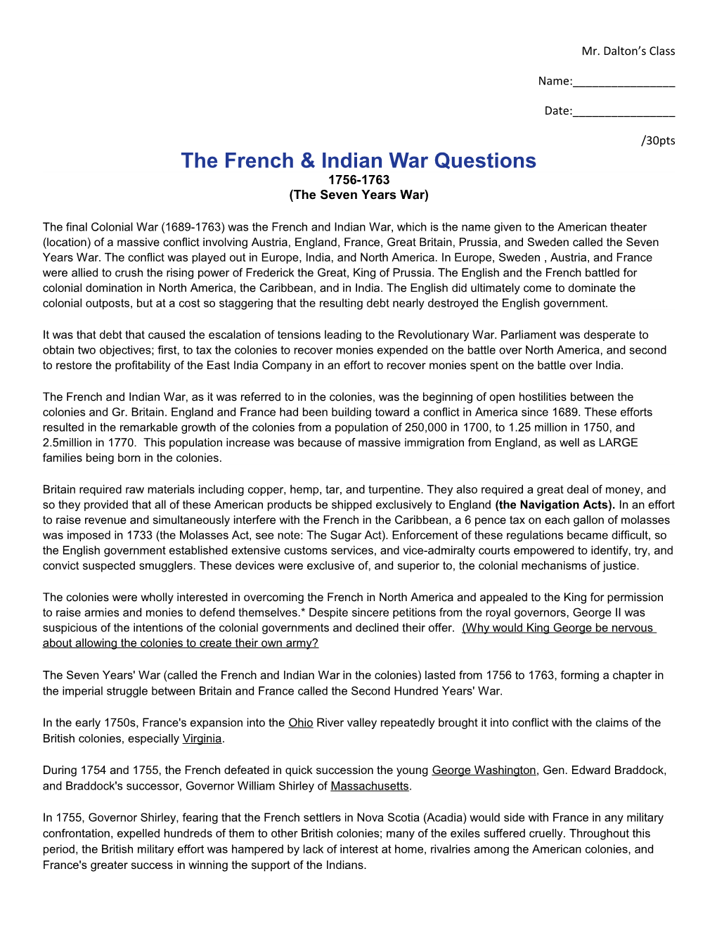 The French & Indian War Questions