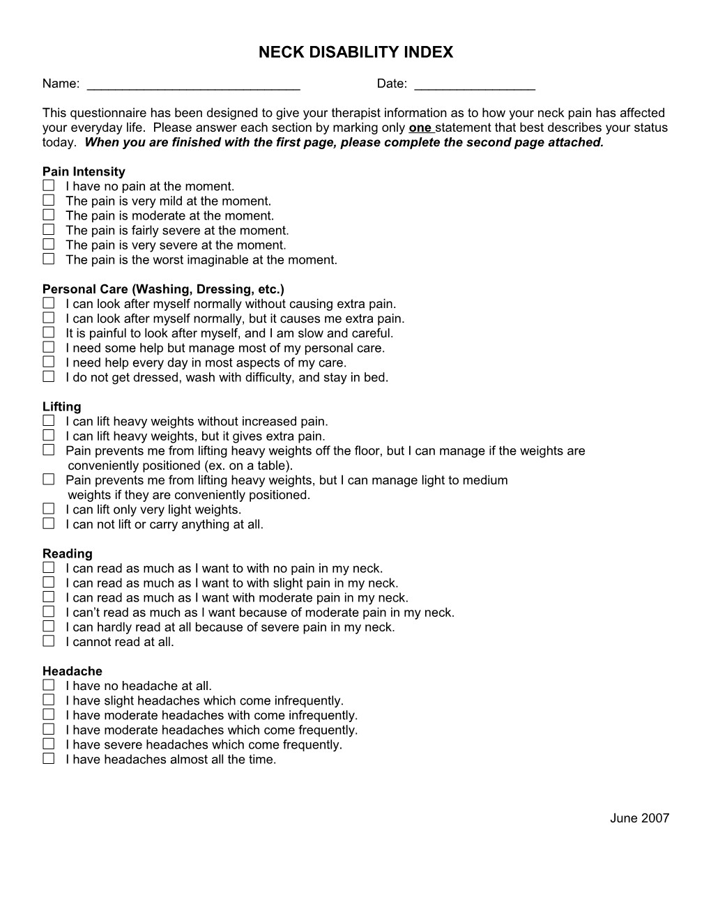 Oswestry Low Back Questionnaire