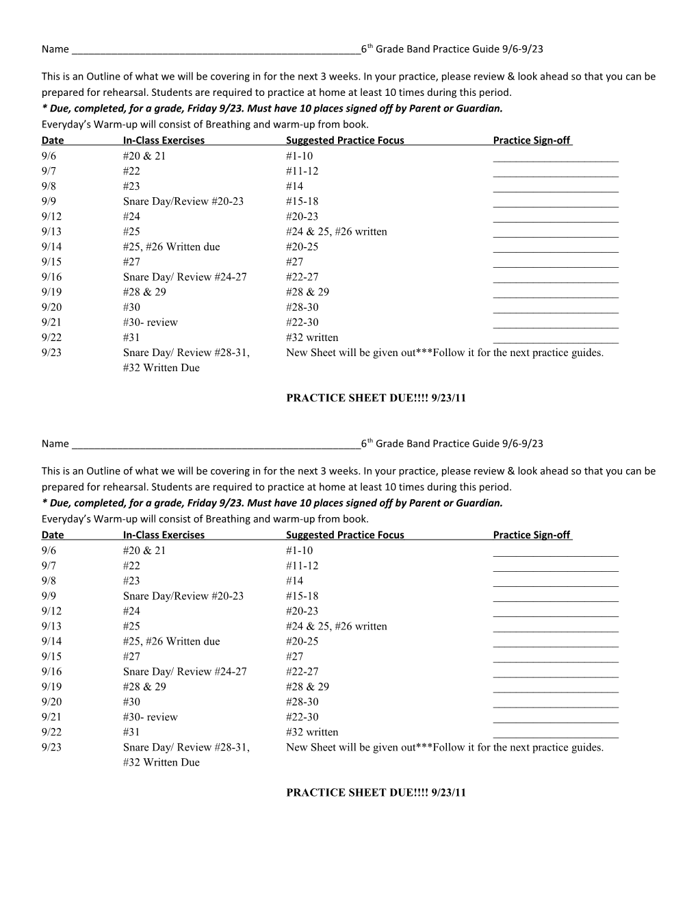 Name ______7Th Grade Band Practice Guide 2/19- 3/14 s1