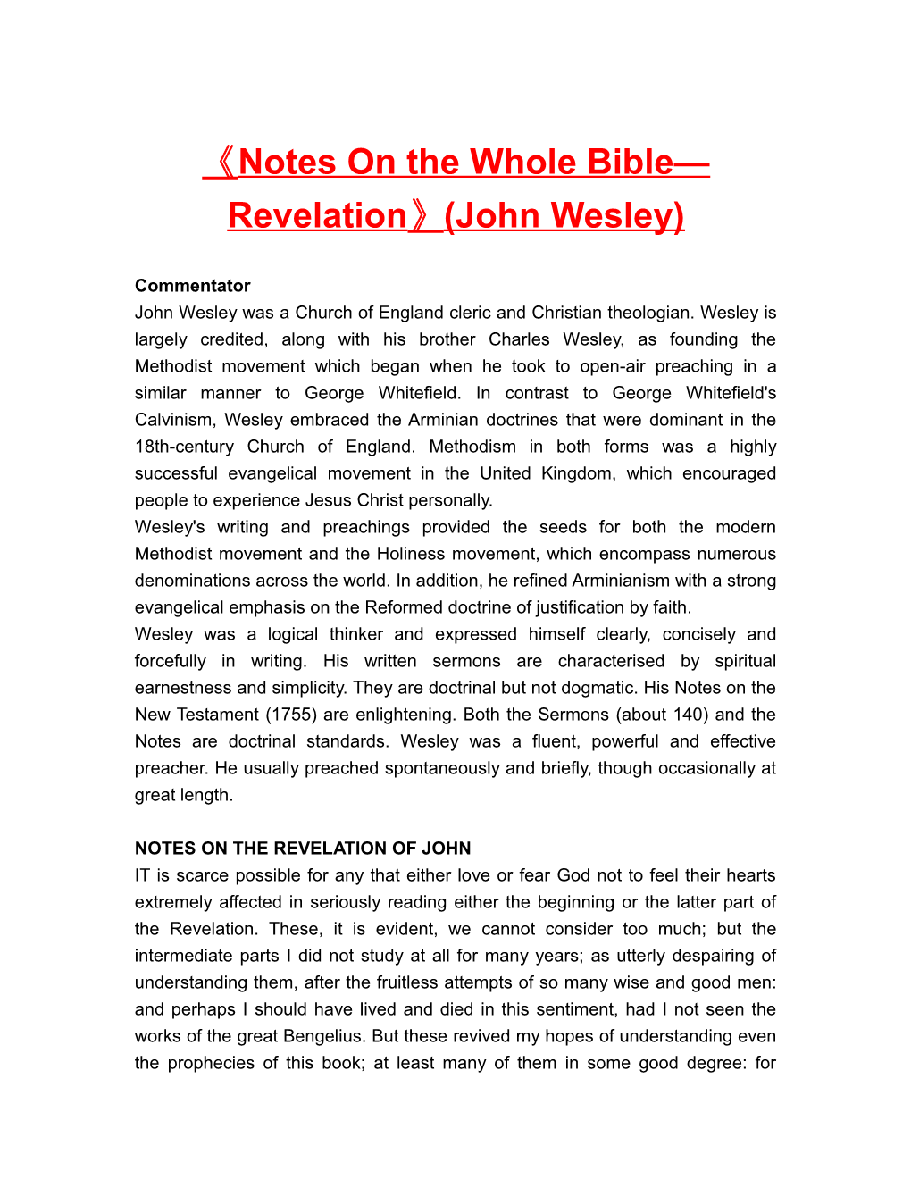 Notes on the Whole Bible Revelation (John Wesley)
